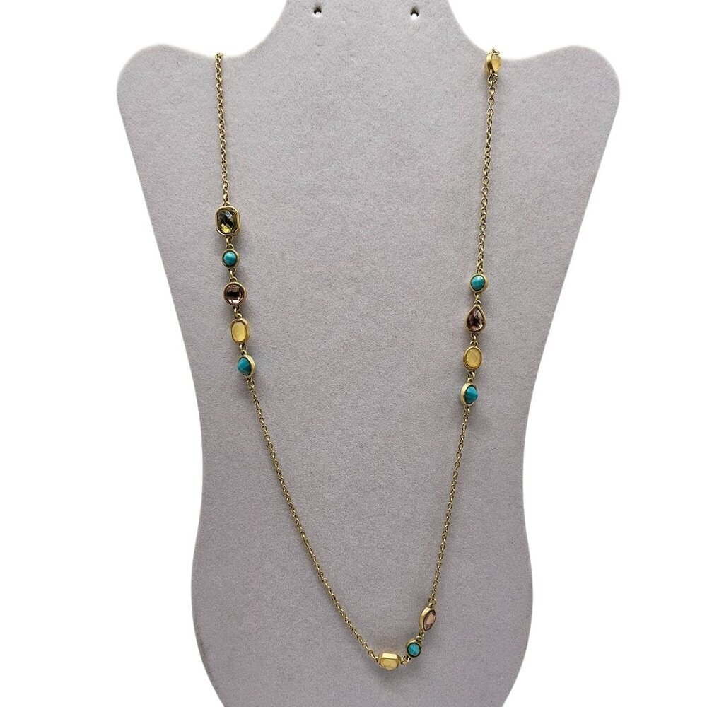 Marlyn Schiff Gold Tone Long Station Necklace Turquoise Brown Bezel Set Stones